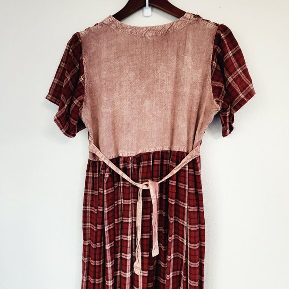 Vtg Embroidered Tie Dye Plaid Empire Waist Short Sleeve Maxi Dress Sz S Boho Y2K - Picture 10 of 16